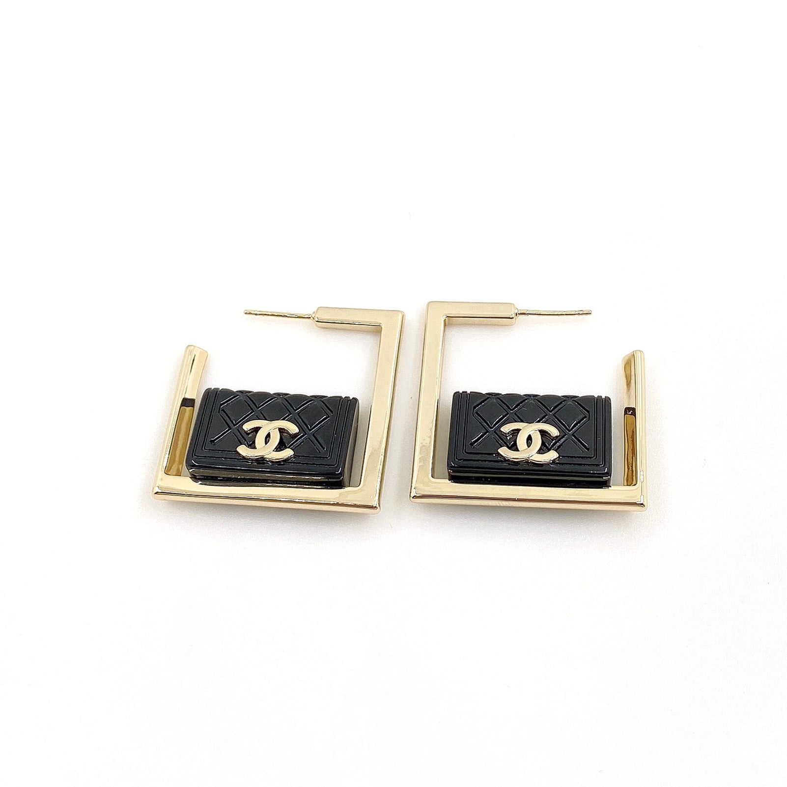 18K  Chanel Black Bag Pendant Earrings