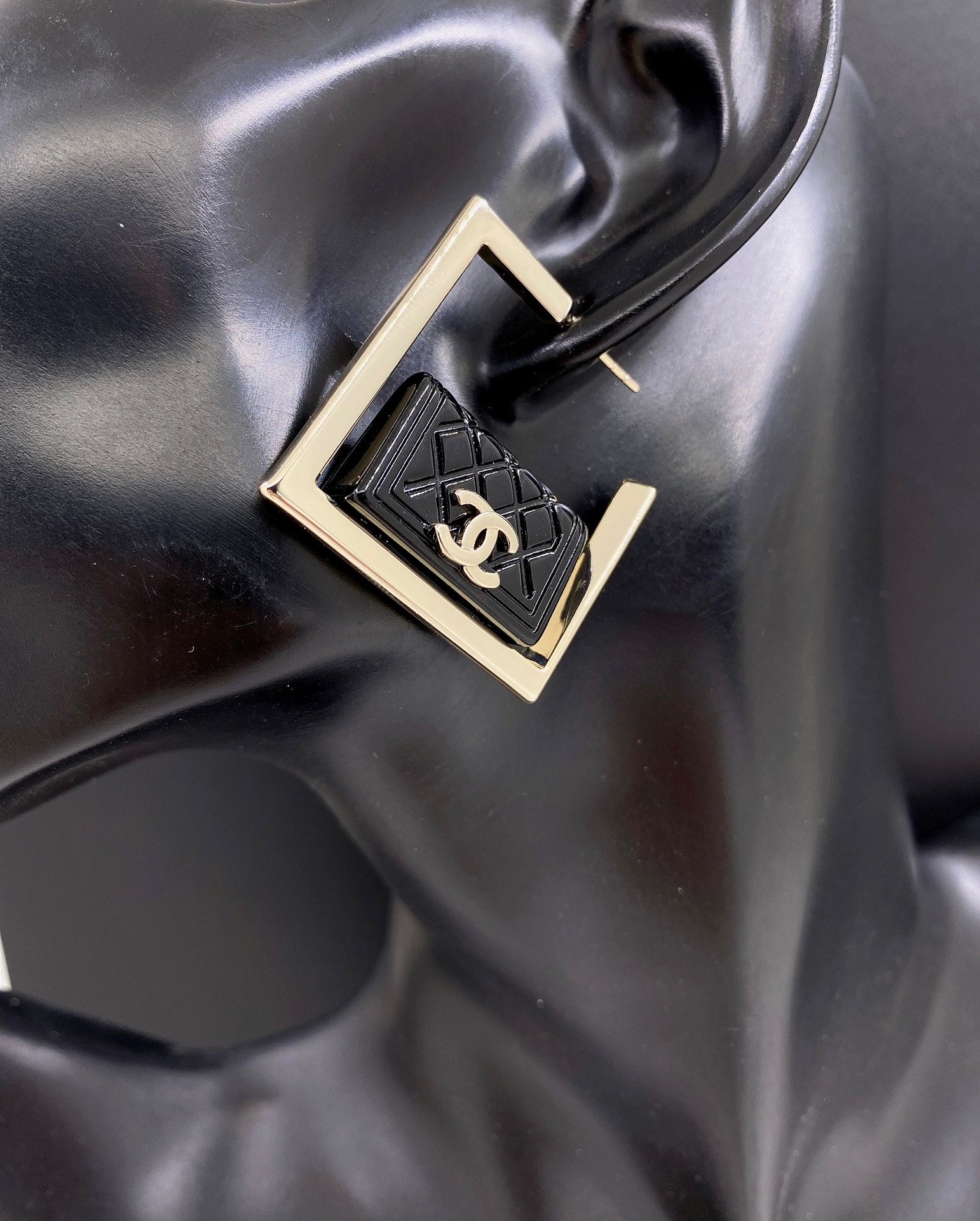 18K  Chanel Black Bag Pendant Earrings