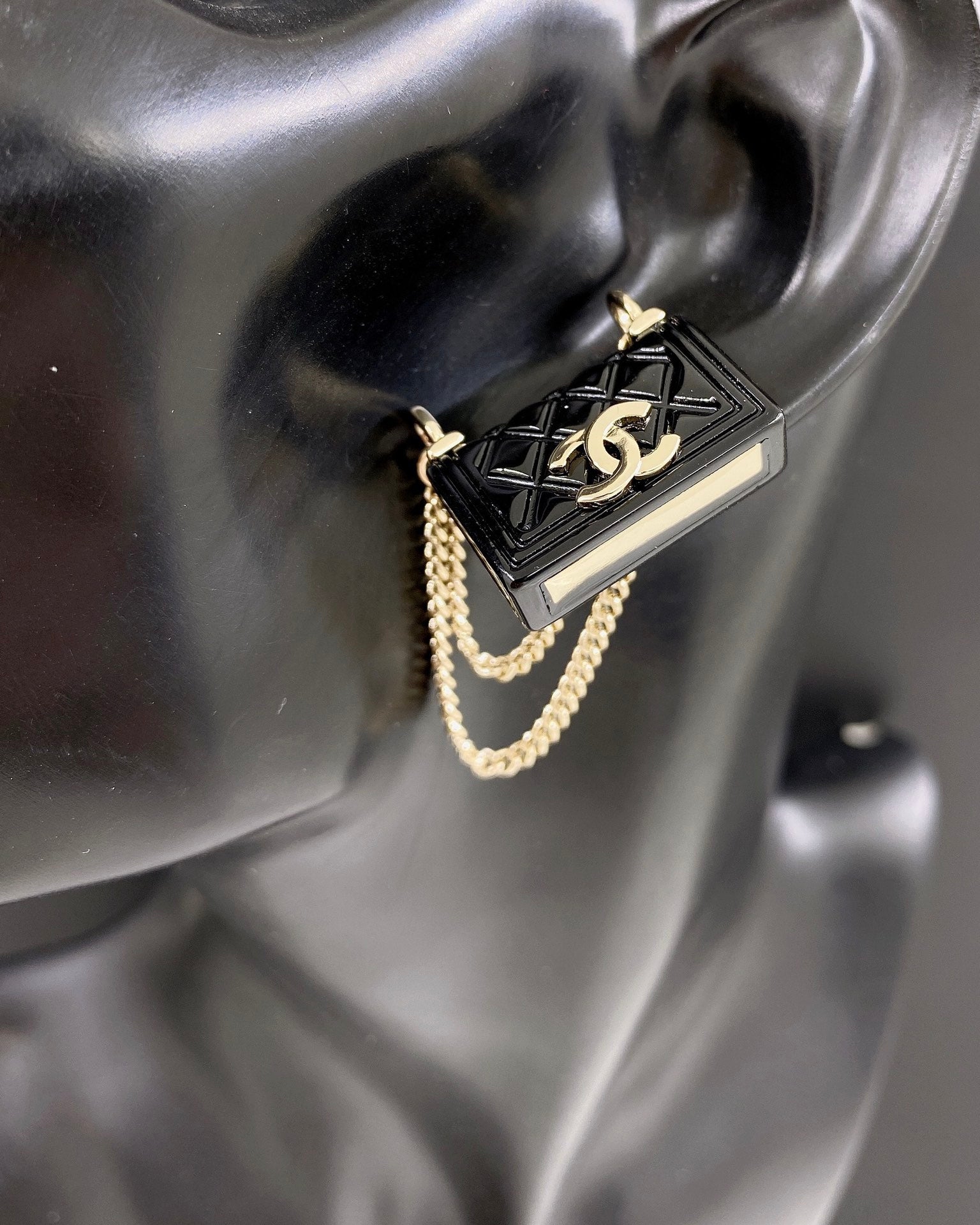 18K  Chanel Black Bag Pendant Earrings