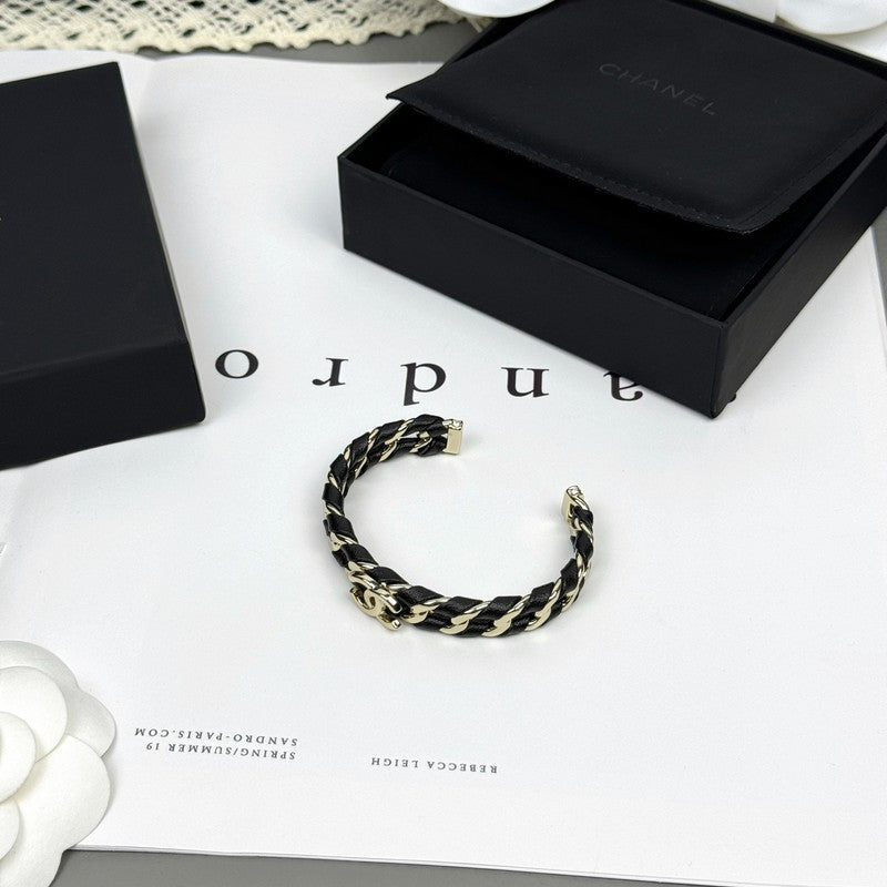 18K  Chanel 26C Black Leather Cuff Bracelet