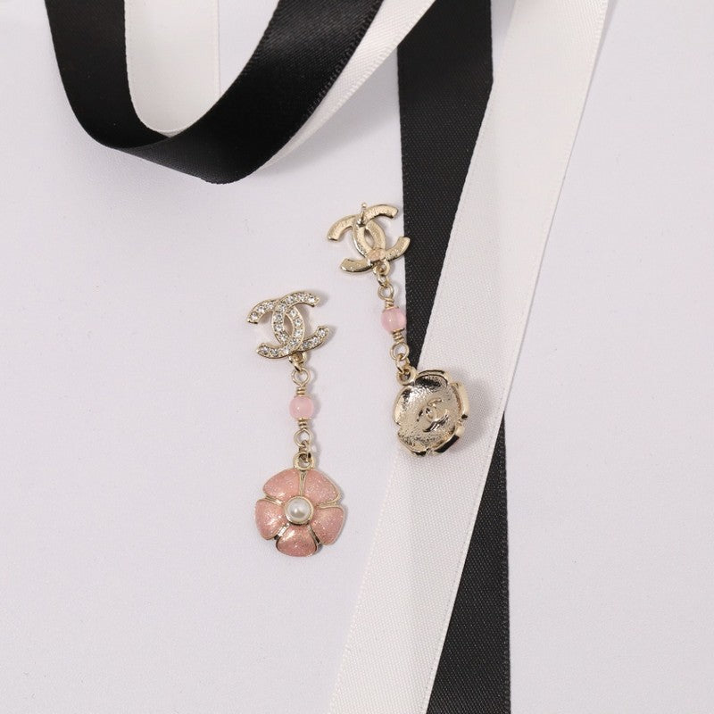 18K  Chanel Black & Pink Camellia Diamond Long Earrings