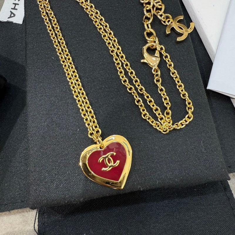 18K  Chanel Black & Red Heart Gold Necklace